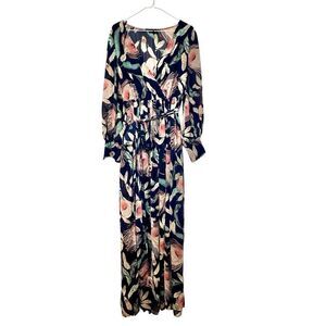 Miss Avenue Feather Print Tie Waist Long Sleeve Maxi Dress Multicolor Large